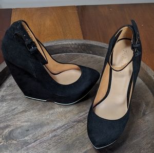 L.A.M.B. Gwen Stefani Havana Black Suede Ankle Strap Wedge